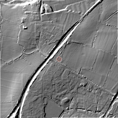 Shaded relief map of the ground around BA146PA, computed from Environment Agency LiDAR. The ground here sits at about 41 m above sea level and falls 15 m across the surrounding 800 m. Surface water reaching this point runs off ground lying to the west, 1.5 m higher.