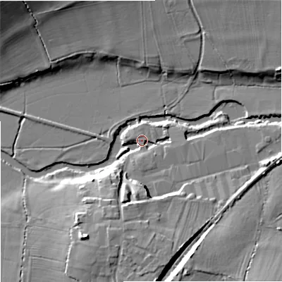 Shaded relief map of the ground around BA146PH, computed from Environment Agency LiDAR. The ground here sits at about 31 m above sea level and falls 19 m across the surrounding 800 m. Surface water reaching this point runs off ground lying to the south, 12.2 m higher.