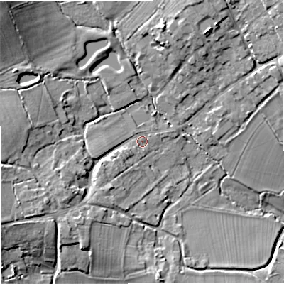 Shaded relief map of the ground around BA146RS, computed from Environment Agency LiDAR. The ground here sits at about 38 m above sea level and falls 16 m across the surrounding 800 m. Surface water reaching this point runs off ground lying to the west-south-west, 7.2 m higher.