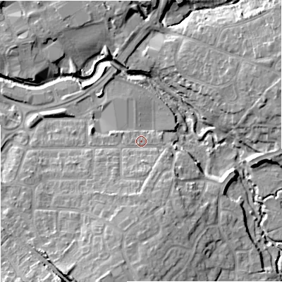 Shaded relief map of the ground around BA147AE, computed from Environment Agency LiDAR. The ground here sits at about 38 m above sea level and falls 13 m across the surrounding 800 m. Surface water reaching this point runs off ground lying to the south, 4.8 m higher.