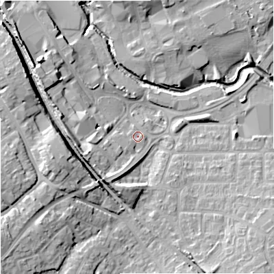 Shaded relief map of the ground around BA147AP, computed from Environment Agency LiDAR. The ground here sits at about 37 m above sea level and falls 19 m across the surrounding 800 m. Surface water reaching this point runs off ground lying to the south-west, 7.6 m higher.