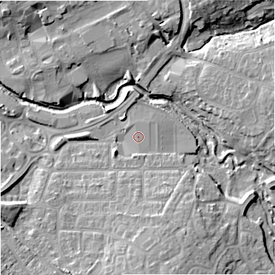 Shaded relief map of the ground around BA147AQ, computed from Environment Agency LiDAR. The ground here sits at about 37 m above sea level and falls 12 m across the surrounding 800 m. The ground contributing surface water to this point lies to the south.