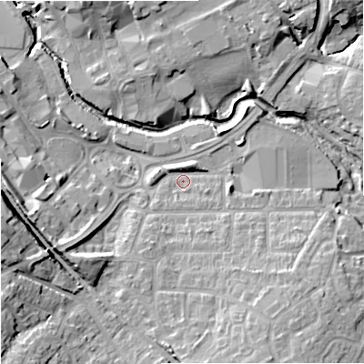 Shaded relief map of the ground around BA147AT, computed from Environment Agency LiDAR. The ground here sits at about 36 m above sea level and falls 15 m across the surrounding 800 m. Surface water reaching this point runs off ground lying to the south-east, 8.0 m higher.