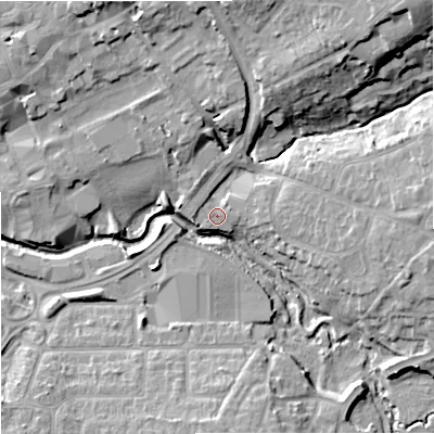 Shaded relief map of the ground around BA147BA, computed from Environment Agency LiDAR. The ground here sits at about 37 m above sea level and falls 16 m across the surrounding 800 m. Surface water reaching this point runs off ground lying to the east-north-east, 2.0 m higher.