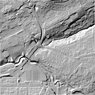 Shaded relief map of the ground around BA147BG, computed from Environment Agency LiDAR. The ground here sits at about 38 m above sea level and falls 21 m across the surrounding 800 m. Surface water reaching this point runs off ground lying to the north, 18.9 m higher.