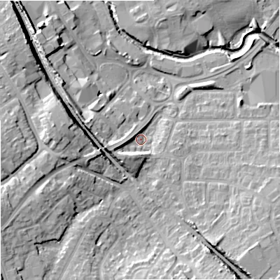 Shaded relief map of the ground around BA147RA, computed from Environment Agency LiDAR. The ground here sits at about 38 m above sea level and falls 19 m across the surrounding 800 m. Surface water reaching this point runs off ground lying to the west-south-west, 6.7 m higher.