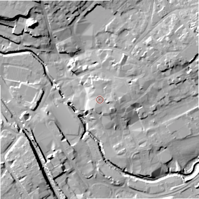 Shaded relief map of the ground around BA148AT, computed from Environment Agency LiDAR. The ground here sits at about 41 m above sea level and falls 18 m across the surrounding 800 m. Surface water reaching this point runs off ground lying to the east, 2.0 m higher.