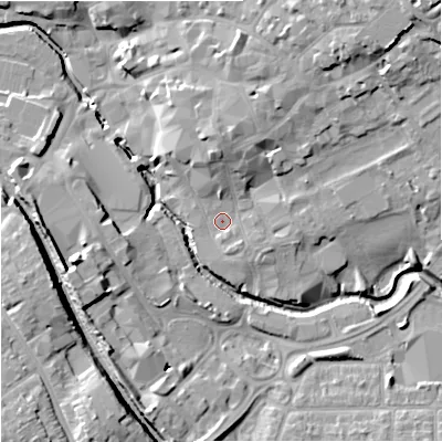 Shaded relief map of the ground around BA148BE, computed from Environment Agency LiDAR. The ground here sits at about 37 m above sea level and falls 18 m across the surrounding 800 m. Surface water reaching this point runs off ground lying to the north-east, 12.3 m higher.