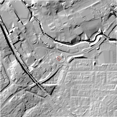 Shaded relief map of the ground around BA148BG, computed from Environment Agency LiDAR. The ground here sits at about 36 m above sea level and falls 18 m across the surrounding 800 m. Surface water reaching this point runs off ground lying to the south-east, 10.4 m higher.