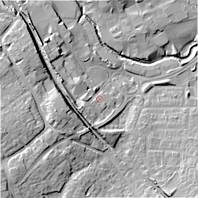 Shaded relief map of the ground around BA148BN, computed from Environment Agency LiDAR. The ground here sits at about 39 m above sea level and falls 20 m across the surrounding 800 m. Surface water reaching this point runs off ground lying to the west-south-west, 7.5 m higher.