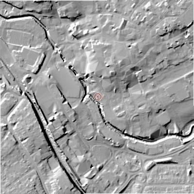 Shaded relief map of the ground around BA148BR, computed from Environment Agency LiDAR. The ground here sits at about 36 m above sea level and falls 18 m across the surrounding 800 m. Surface water reaching this point runs off ground lying to the north-north-east, 10.3 m higher.
