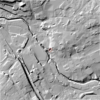 Shaded relief map of the ground around BA148BU, computed from Environment Agency LiDAR. The ground here sits at about 36 m above sea level and falls 17 m across the surrounding 800 m. Surface water reaching this point runs off ground lying to the south-south-west, 7.1 m higher.