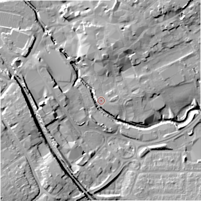 Shaded relief map of the ground around BA148FA, computed from Environment Agency LiDAR. The ground here sits at about 37 m above sea level and falls 19 m across the surrounding 800 m. Surface water reaching this point runs off ground lying to the north-east, 14.5 m higher.
