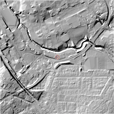 Shaded relief map of the ground around BA148FS, computed from Environment Agency LiDAR. The ground here sits at about 36 m above sea level and falls 17 m across the surrounding 800 m. Surface water reaching this point runs off ground lying to the south-east, 9.4 m higher.