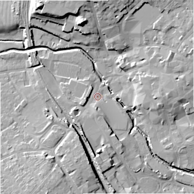 Shaded relief map of the ground around BA148GD, computed from Environment Agency LiDAR. The ground here sits at about 35 m above sea level and falls 20 m across the surrounding 800 m. Surface water reaching this point runs off ground lying to the south, 10.1 m higher.