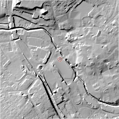 Shaded relief map of the ground around BA148GP, computed from Environment Agency LiDAR. The ground here sits at about 35 m above sea level and falls 20 m across the surrounding 800 m. Surface water reaching this point runs off ground lying to the south, 5.6 m higher.