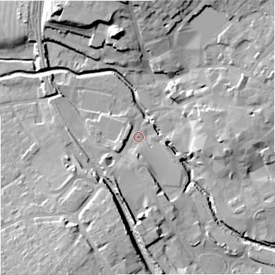 Shaded relief map of the ground around BA148HH, computed from Environment Agency LiDAR. The ground here sits at about 35 m above sea level and falls 20 m across the surrounding 800 m. Surface water reaching this point runs off ground lying to the south, 10.5 m higher.