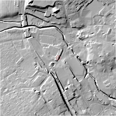Shaded relief map of the ground around BA148HN, computed from Environment Agency LiDAR. The ground here sits at about 39 m above sea level and falls 20 m across the surrounding 800 m. Surface water reaching this point runs off ground lying to the south-south-east, 8.4 m higher.