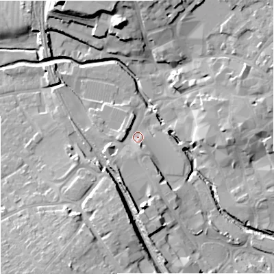 Shaded relief map of the ground around BA148HP, computed from Environment Agency LiDAR. The ground here sits at about 36 m above sea level and falls 20 m across the surrounding 800 m. Surface water reaching this point runs off ground lying to the south, 9.5 m higher.
