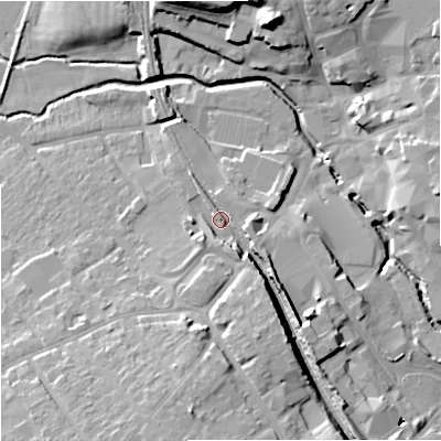 Shaded relief map of the ground around BA148HW, computed from Environment Agency LiDAR. The ground here sits at about 37 m above sea level and falls 18 m across the surrounding 800 m. Surface water reaching this point runs off ground lying to the south, 12.1 m higher.