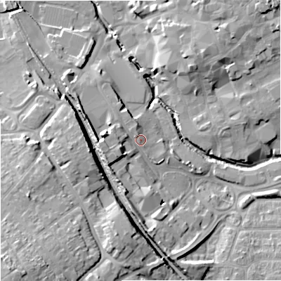 Shaded relief map of the ground around BA148JQ, computed from Environment Agency LiDAR. The ground here sits at about 38 m above sea level and falls 22 m across the surrounding 800 m. Surface water reaching this point runs off ground lying to the west, 6.1 m higher.