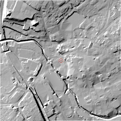 Shaded relief map of the ground around BA148JS, computed from Environment Agency LiDAR. The ground here sits at about 35 m above sea level and falls 20 m across the surrounding 800 m. Surface water reaching this point runs off ground lying to the east-south-east, 8.3 m higher.
