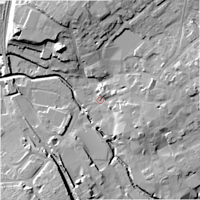 Shaded relief map of the ground around BA148JU, computed from Environment Agency LiDAR. The ground here sits at about 35 m above sea level and falls 20 m across the surrounding 800 m. Surface water reaching this point runs off ground lying to the east, 8.9 m higher.