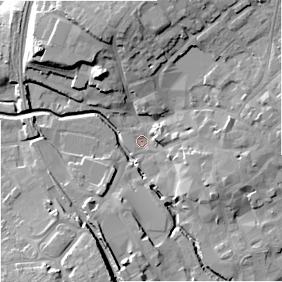 Shaded relief map of the ground around BA148LA, computed from Environment Agency LiDAR. The ground here sits at about 34 m above sea level and falls 20 m across the surrounding 800 m. Surface water reaching this point runs off ground lying to the east, 9.1 m higher.