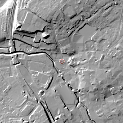Shaded relief map of the ground around BA148LB, computed from Environment Agency LiDAR. The ground here sits at about 35 m above sea level and falls 20 m across the surrounding 800 m. Surface water reaching this point runs off ground lying to the north-north-west, 15.9 m higher.