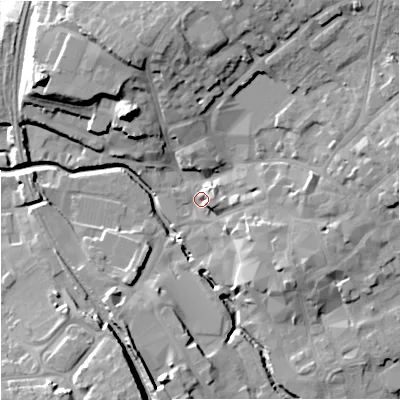 Shaded relief map of the ground around BA148LD, computed from Environment Agency LiDAR. The ground here sits at about 35 m above sea level and falls 20 m across the surrounding 800 m. Surface water reaching this point runs off ground lying to the east-south-east, 9.1 m higher.