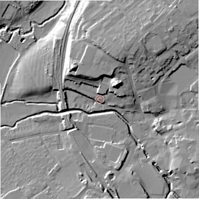 Shaded relief map of the ground around BA148LL, computed from Environment Agency LiDAR. The ground here sits at about 38 m above sea level and falls 23 m across the surrounding 800 m. Surface water reaching this point runs off ground lying to the north-west, 17.2 m higher.