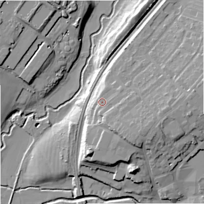 Shaded relief map of the ground around BA148NZ, computed from Environment Agency LiDAR. The ground here sits at about 45 m above sea level and falls 23 m across the surrounding 800 m. Surface water reaching this point runs off ground lying to the south-east, 5.0 m higher.