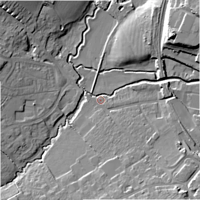 Shaded relief map of the ground around BA149AX, computed from Environment Agency LiDAR. The ground here sits at about 33 m above sea level and falls 23 m across the surrounding 800 m. Surface water reaching this point runs off ground lying to the south-south-east, 12.5 m higher.