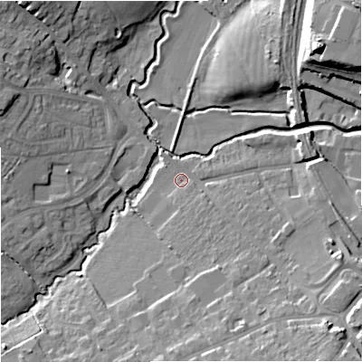 Shaded relief map of the ground around BA149AZ, computed from Environment Agency LiDAR. The ground here sits at about 34 m above sea level and falls 21 m across the surrounding 800 m. Surface water reaching this point runs off ground lying to the south-east, 12.3 m higher.