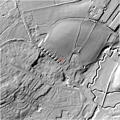 Shaded relief map of the ground around BA149BQ, computed from Environment Agency LiDAR. The ground here sits at about 42 m above sea level and falls 25 m across the surrounding 800 m. Surface water reaching this point runs off ground lying to the north-west, 14.4 m higher.