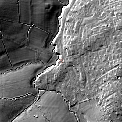 Shaded relief map of the ground around BA149BT, computed from Environment Agency LiDAR. The ground here sits at about 40 m above sea level and falls 20 m across the surrounding 800 m. Surface water reaching this point runs off ground lying to the east, 19.3 m higher.
