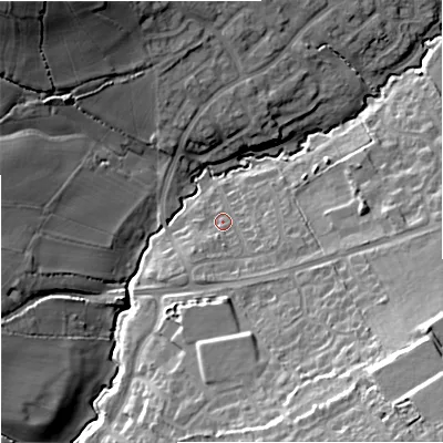 Shaded relief map of the ground around BA149DX, computed from Environment Agency LiDAR. The ground here sits at about 37 m above sea level and falls 25 m across the surrounding 800 m. Surface water reaching this point runs off ground lying to the south-east, 20.0 m higher.