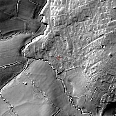 Shaded relief map of the ground around BA149EZ, computed from Environment Agency LiDAR. The ground here sits at about 40 m above sea level and falls 21 m across the surrounding 800 m. Surface water reaching this point runs off ground lying to the east, 16.4 m higher.