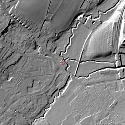 Shaded relief map of the ground around BA149FD, computed from Environment Agency LiDAR. The ground here sits at about 33 m above sea level and falls 22 m across the surrounding 800 m. Surface water reaching this point runs off ground lying to the west-north-west, 18.0 m higher.