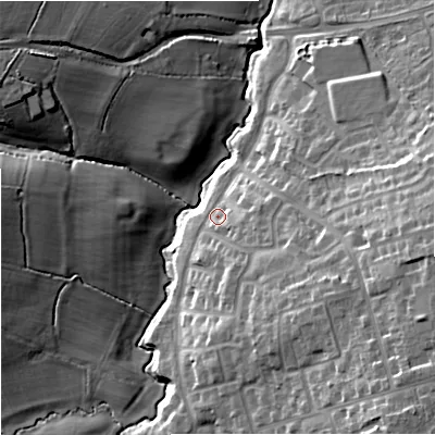 Shaded relief map of the ground around BA149GF, computed from Environment Agency LiDAR. The ground here sits at about 41 m above sea level and falls 21 m across the surrounding 800 m. Surface water reaching this point runs off ground lying to the east-south-east, 3.2 m higher.
