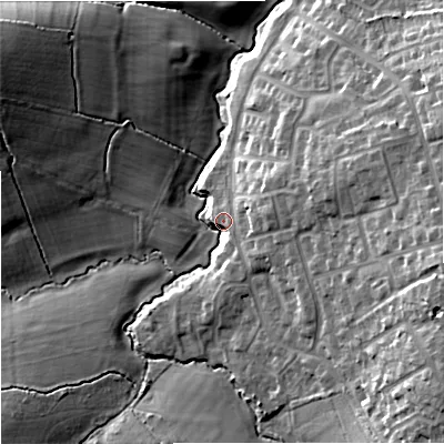 Shaded relief map of the ground around BA149HJ, computed from Environment Agency LiDAR. The ground here sits at about 40 m above sea level and falls 21 m across the surrounding 800 m. Surface water reaching this point runs off ground lying to the east-south-east, 19.2 m higher.