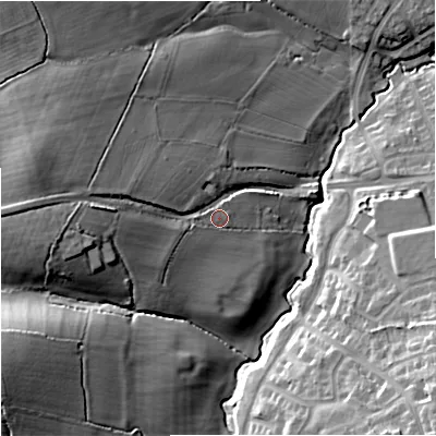 Shaded relief map of the ground around BA149LB, computed from Environment Agency LiDAR. The ground here sits at about 43 m above sea level and falls 24 m across the surrounding 800 m. Surface water reaching this point runs off ground lying to the west-north-west, 14.6 m higher.