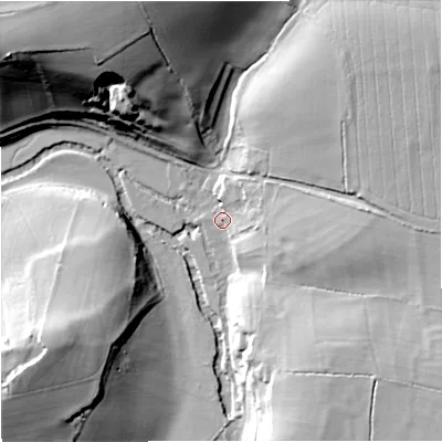 Shaded relief map of the ground around BA149LH, computed from Environment Agency LiDAR. The ground here sits at about 36 m above sea level and falls 40 m across the surrounding 800 m. Surface water reaching this point runs off ground lying to the east, 14.5 m higher.