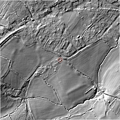 Shaded relief map of the ground around BA149PA, computed from Environment Agency LiDAR. The ground here sits at about 49 m above sea level and falls 10 m across the surrounding 800 m. Surface water reaching this point runs off ground lying to the north, 1.0 m higher.