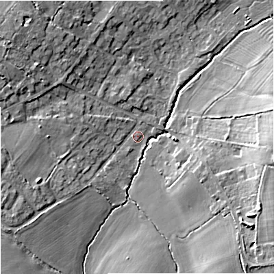 Shaded relief map of the ground around BA149PQ, computed from Environment Agency LiDAR. The ground here sits at about 44 m above sea level and falls 10 m across the surrounding 800 m. Surface water reaching this point runs off ground lying to the east, 9.0 m higher.