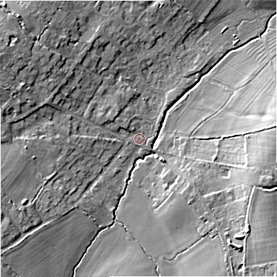 Shaded relief map of the ground around BA149RF, computed from Environment Agency LiDAR. The ground here sits at about 44 m above sea level and falls 11 m across the surrounding 800 m. Surface water reaching this point runs off ground lying to the east-south-east, 9.4 m higher.