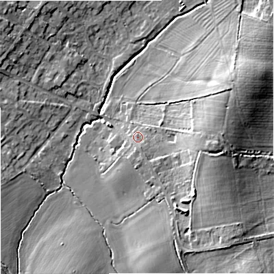 Shaded relief map of the ground around BA149RG, computed from Environment Agency LiDAR. The ground here sits at about 46 m above sea level and falls 11 m across the surrounding 800 m. Surface water reaching this point runs off ground lying to the east-south-east, 5.1 m higher.