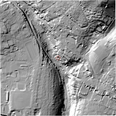 Shaded relief map of the ground around BA14AA, computed from Environment Agency LiDAR. The ground here sits at about 43 m above sea level and falls 73 m across the surrounding 800 m. Surface water reaching this point runs off ground lying to the north-east, 63.1 m higher.