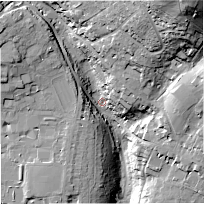 Shaded relief map of the ground around BA14AF, computed from Environment Agency LiDAR. The ground here sits at about 41 m above sea level and falls 74 m across the surrounding 800 m. Surface water reaching this point runs off ground lying to the north-north-east, 50.8 m higher.