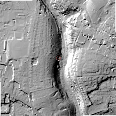 Shaded relief map of the ground around BA14AH, computed from Environment Agency LiDAR. The ground here sits at about 36 m above sea level and falls 48 m across the surrounding 800 m. Surface water reaching this point runs off ground lying to the west-north-west, 22.8 m higher.